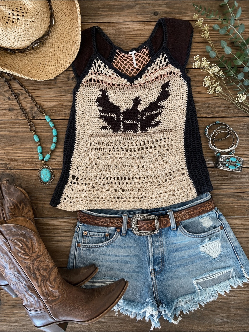 Free People XS Crochet Eagle Sweater Tank Boho Open Knit Festival Top